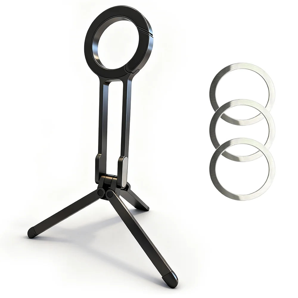 A black magnetic phone tripod stand with a carabiner attached, shown from the side.