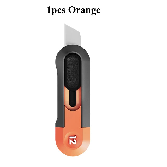 Orange deli mini pocket knife with a black handle and silver blade