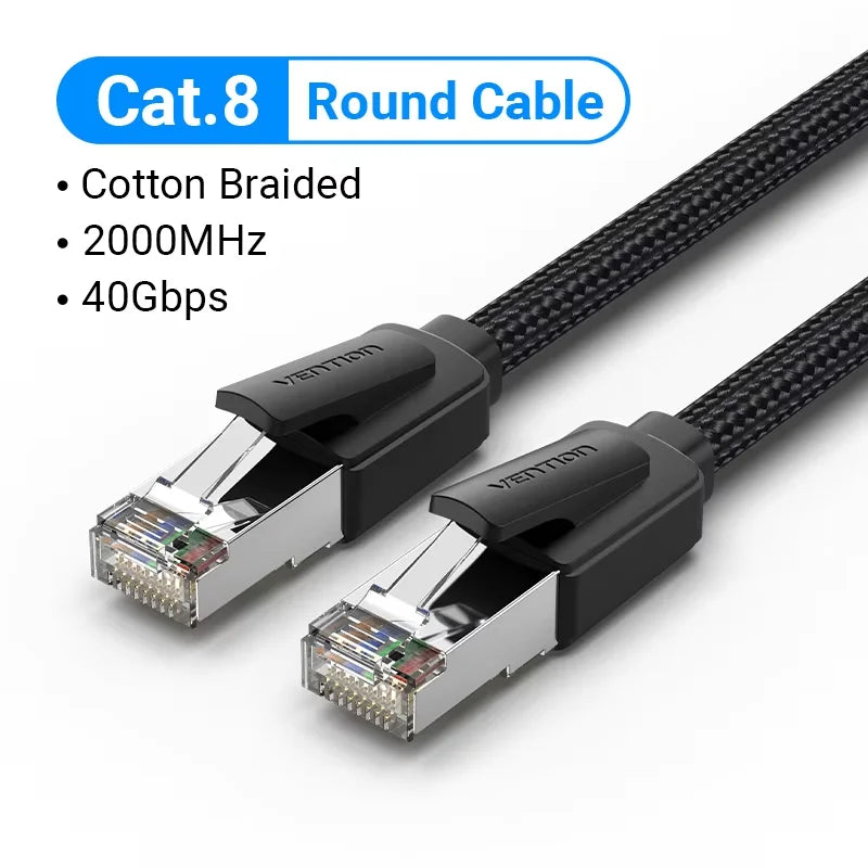 Schwarzes Cat8 Rund-Ethernet-Patchkabel mit gelbem Stecker