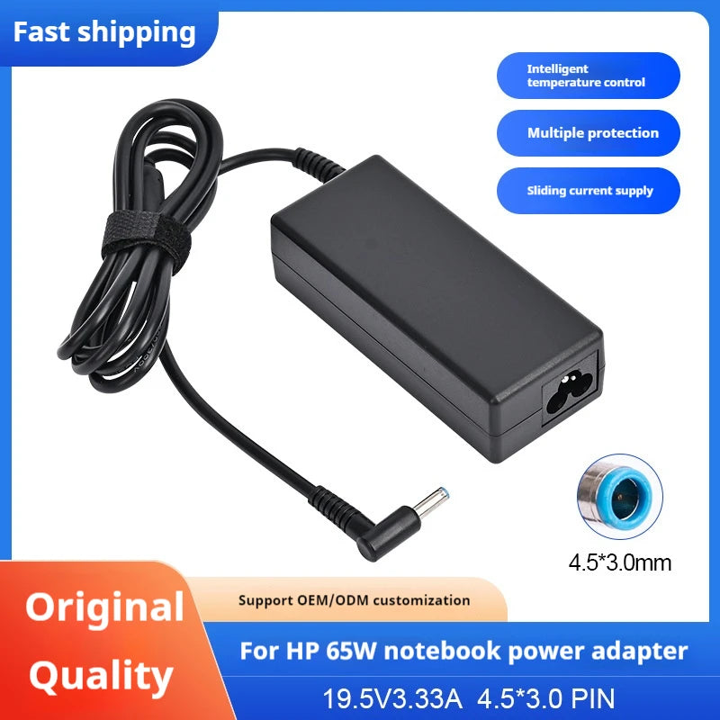 Black universal laptop power adapter for HP 65W notebook, featuring intelligent temperature control and multiple protection.