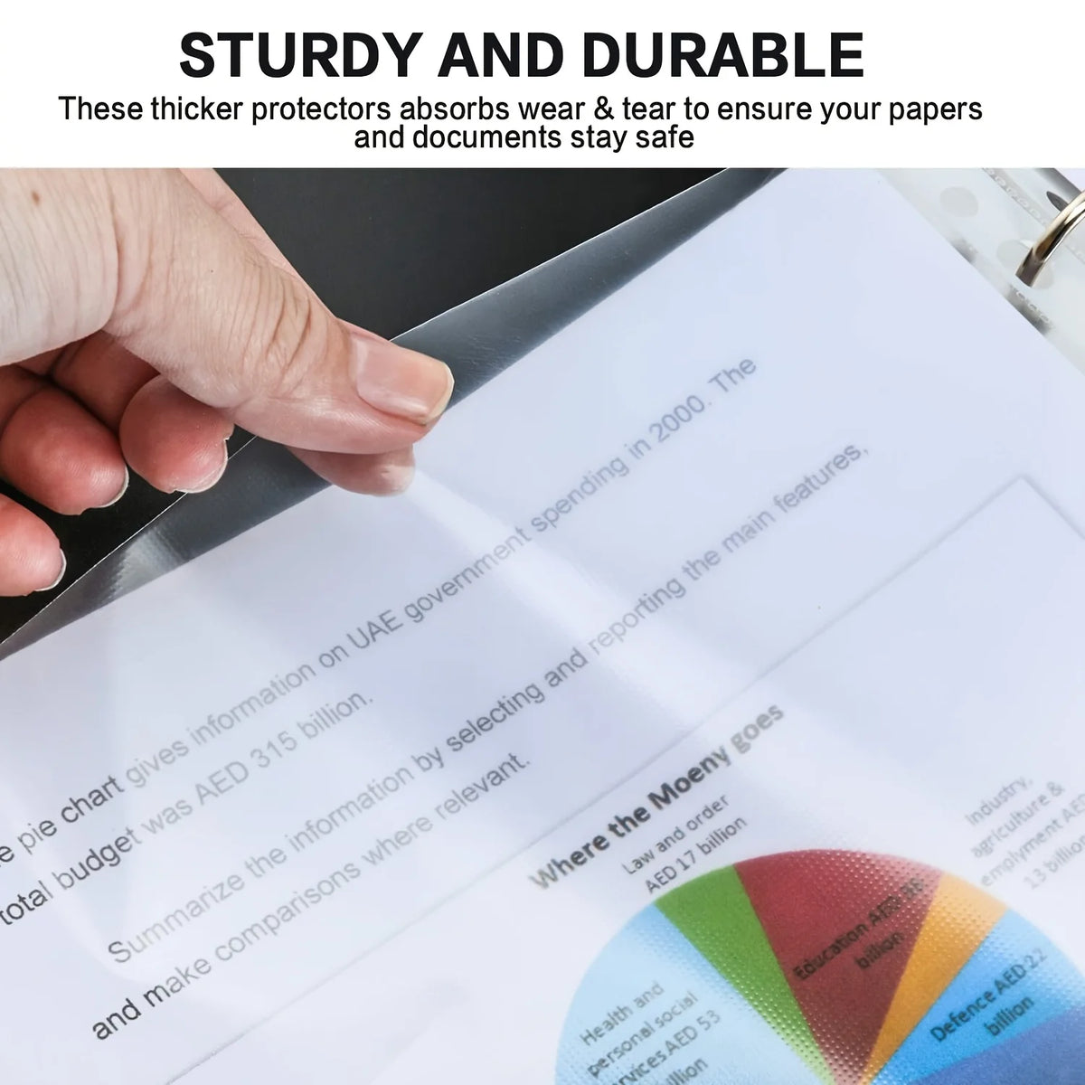 A hand is shown placing thick sheet protectors onto a document, emphasizing their sturdy and durable protection.
