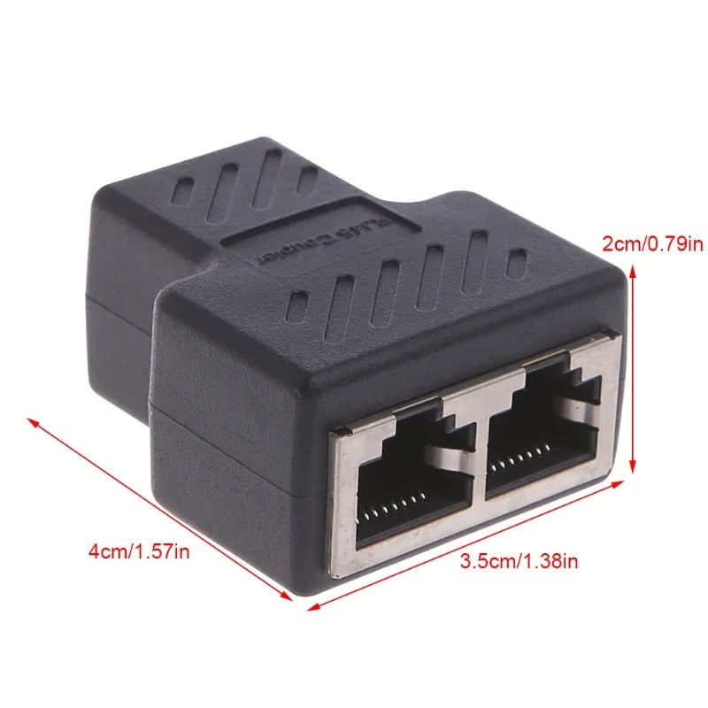 Schwarzer Dual-LAN-Ethernet-Splitter-Adapter mit weiblichen RJ45-Anschlüssen und Maßen