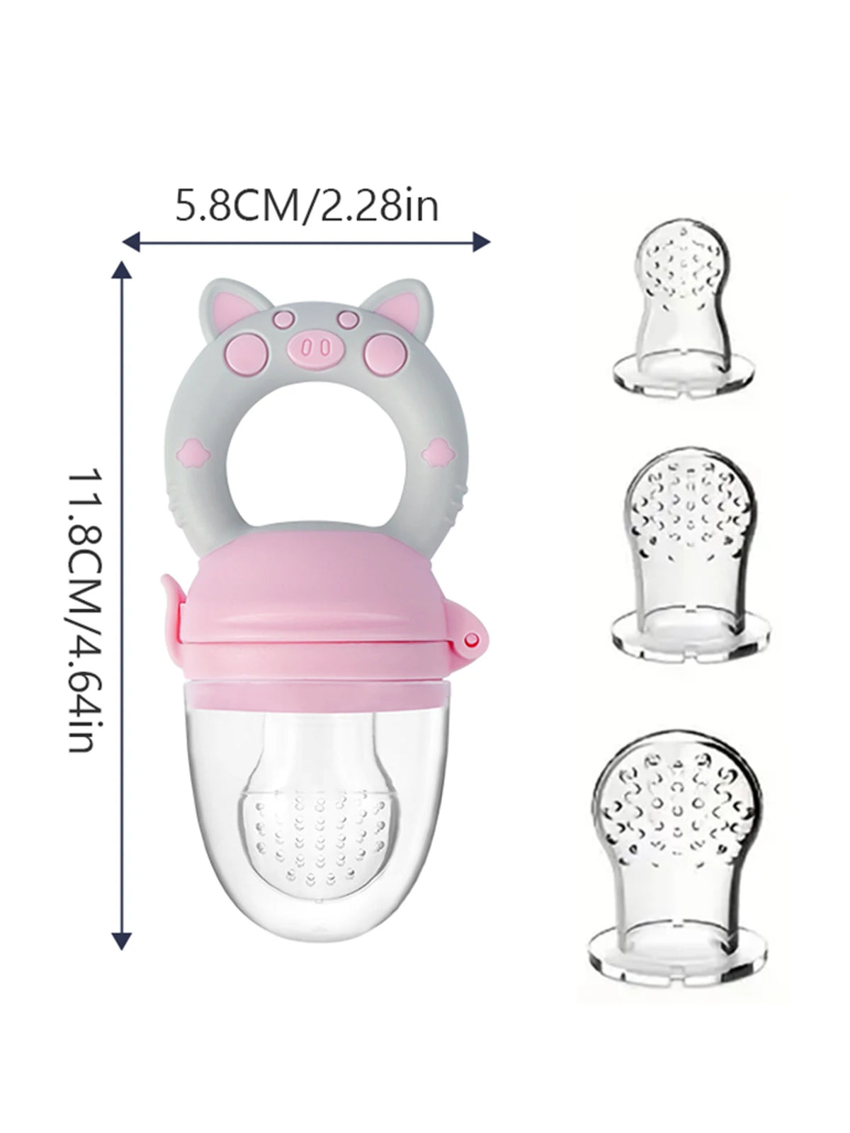 A silicone fruit and vegetable feeder set for babies and toddlers, featuring a pink and gray feeding apparatus.
