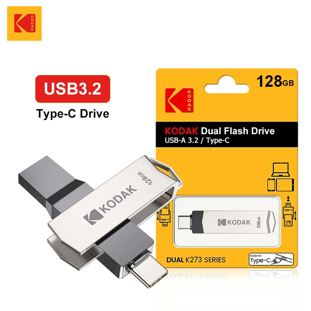 A Kodak Dual Flash Drive USB-A 3.2 Type-C drive in a yellow packaging box.