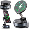A black magnetic wireless phone mount is shown with a smartphone attached, demonstrating its use for mounting on a surface.