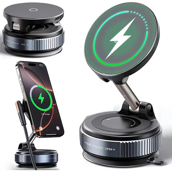 A black magnetic wireless phone mount is shown with a smartphone attached, demonstrating its use for mounting on a surface.