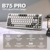 A close-up of the B75 PRO 75% layout mechanical keyboard with a light gray finish and various features displayed below.