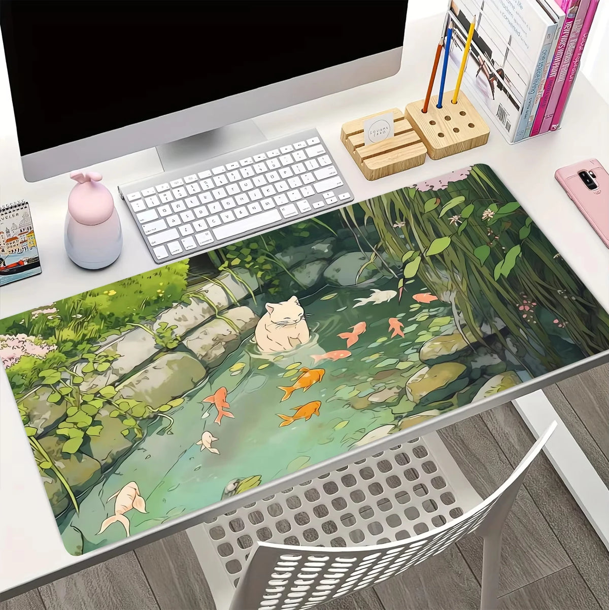 A green whale shark themed mouse pad with an anti-slip rubber base is displayed on a desk.
