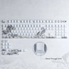 A close-up view of translucent Ukiyo-e keycaps for a mechanical keyboard featuring traditional Japanese artwork.