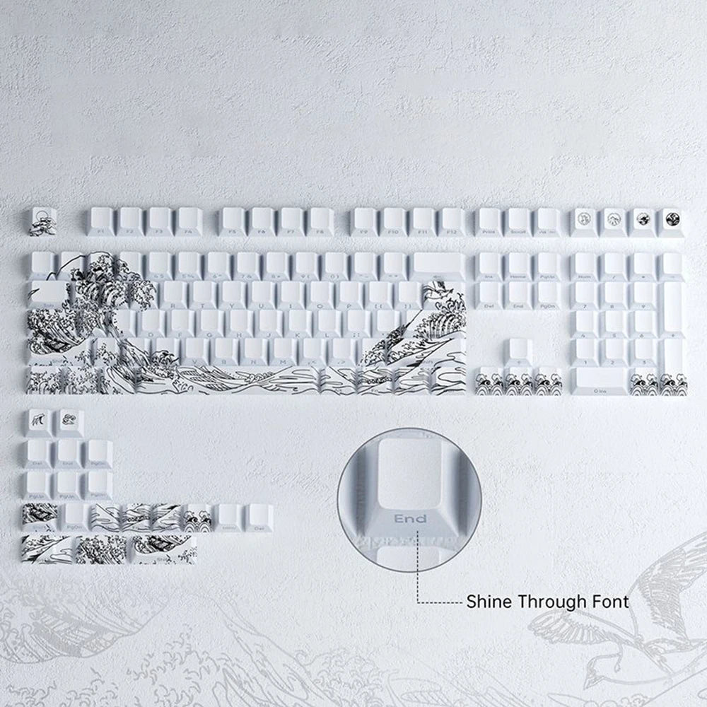 A close-up view of translucent Ukiyo-e keycaps for a mechanical keyboard featuring traditional Japanese artwork.