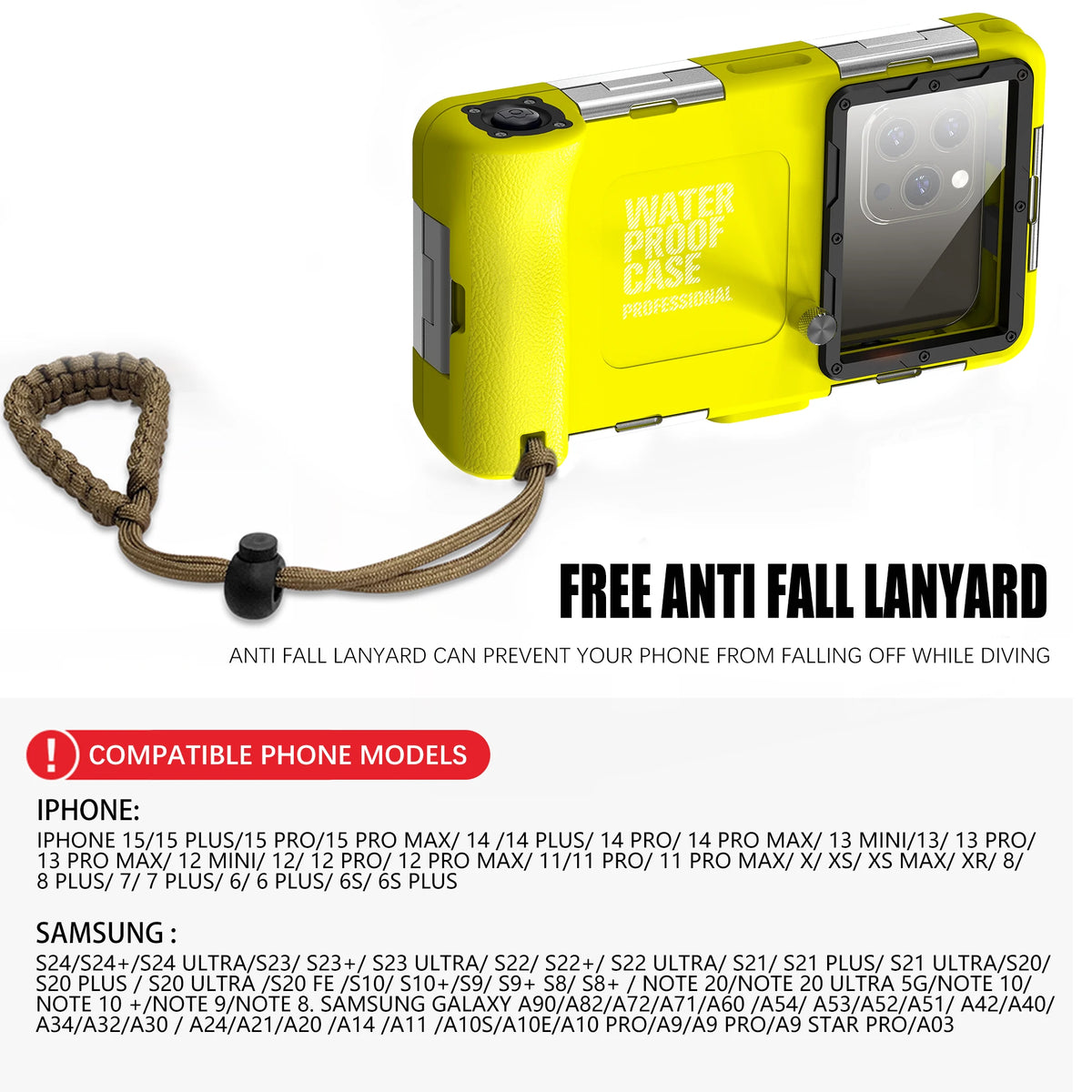 Yellow waterproof phone case with a free anti fall lanyard for diving and underwater photography