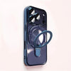 A dark blue magnetic phone case with a built-in stand for an iPhone is shown against a white background.