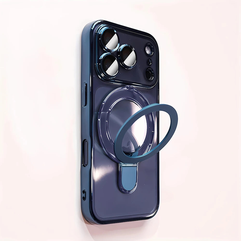 A dark blue magnetic phone case with a built-in stand for an iPhone is shown against a white background.