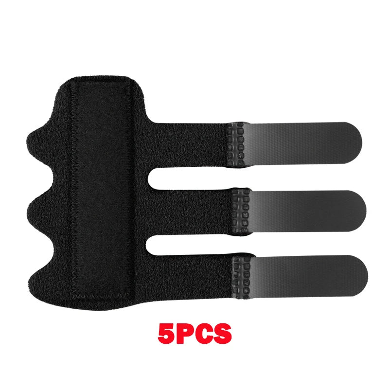 Five adjustable black finger splints or supports for pain relief and hand injury