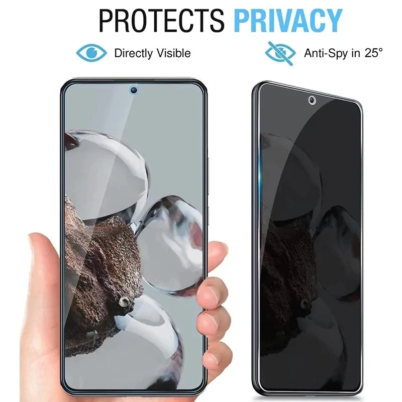 A hand holds a smartphone with a privacy tempered glass screen protector applied, demonstrating anti-spy features.