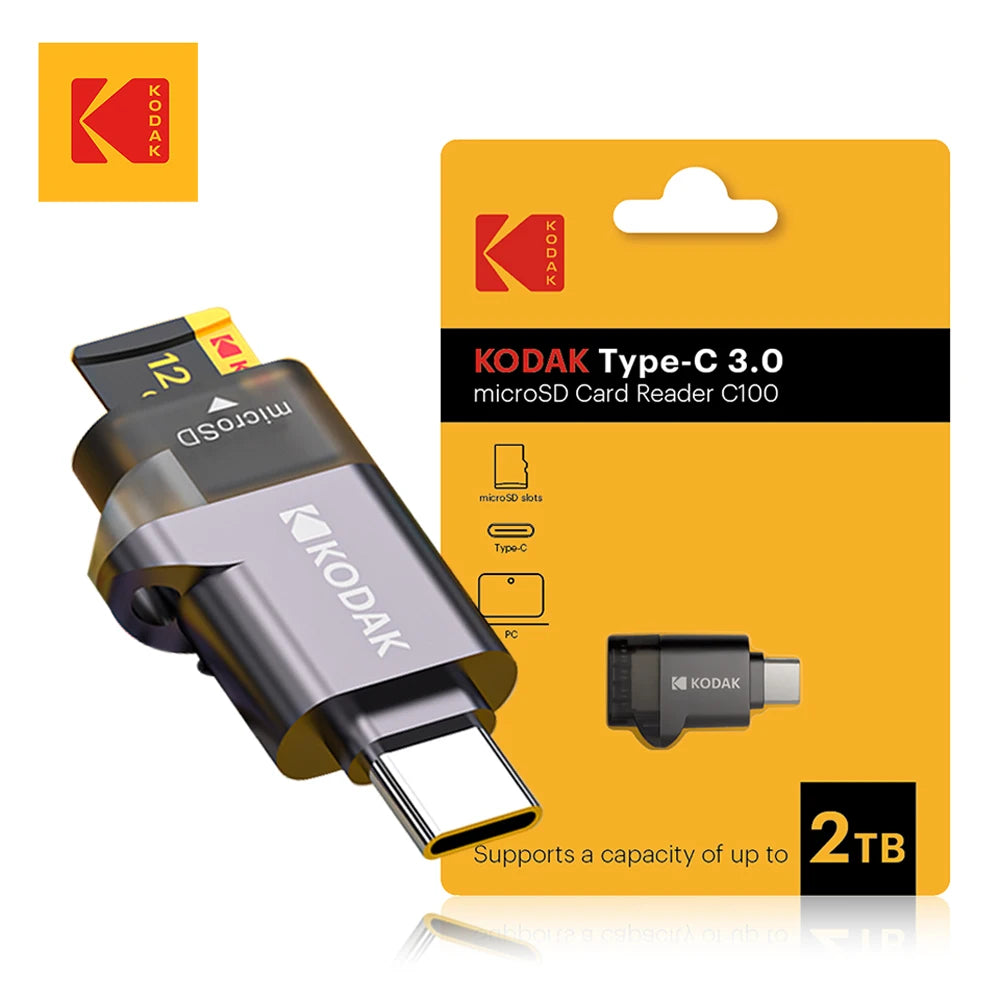 Lector de tarjeta microSD Kodak Type-C 3.0 C100 en caja amarilla.