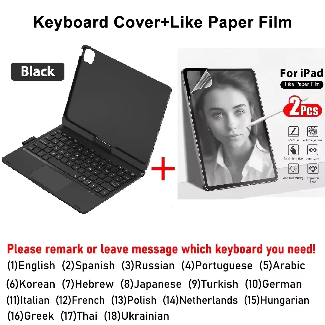 Black keyboard cover like paper film for iPad, showing a woman's face on the film.