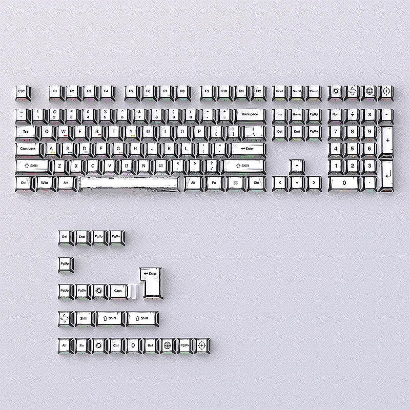 A full set of colorful comic style mechanical keycaps for a keyboard, showing various function and alphanumeric keys.