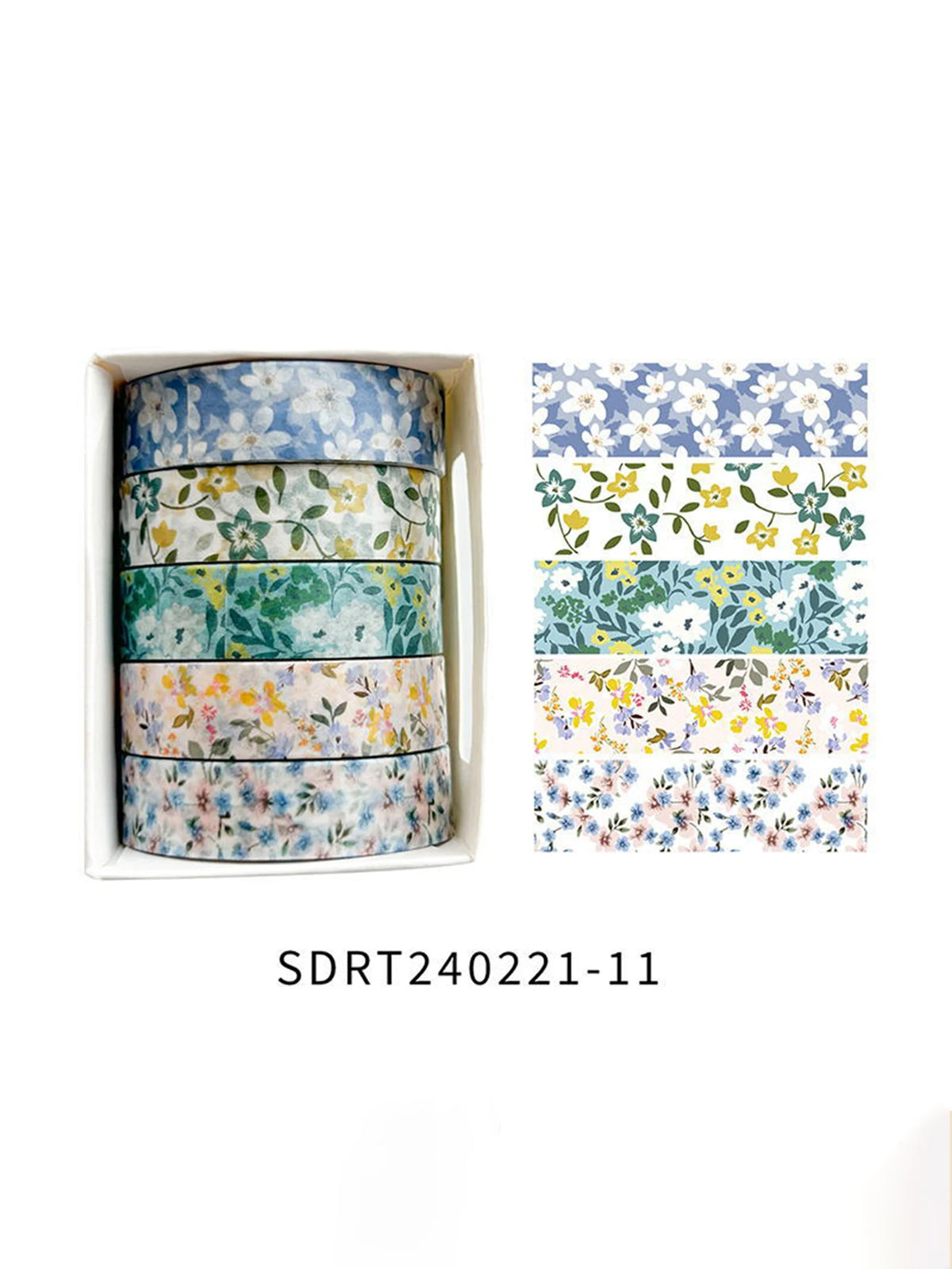 A set of five rolls of floral patterned washi tape in various shades of blue, green, and yellow for crafting.