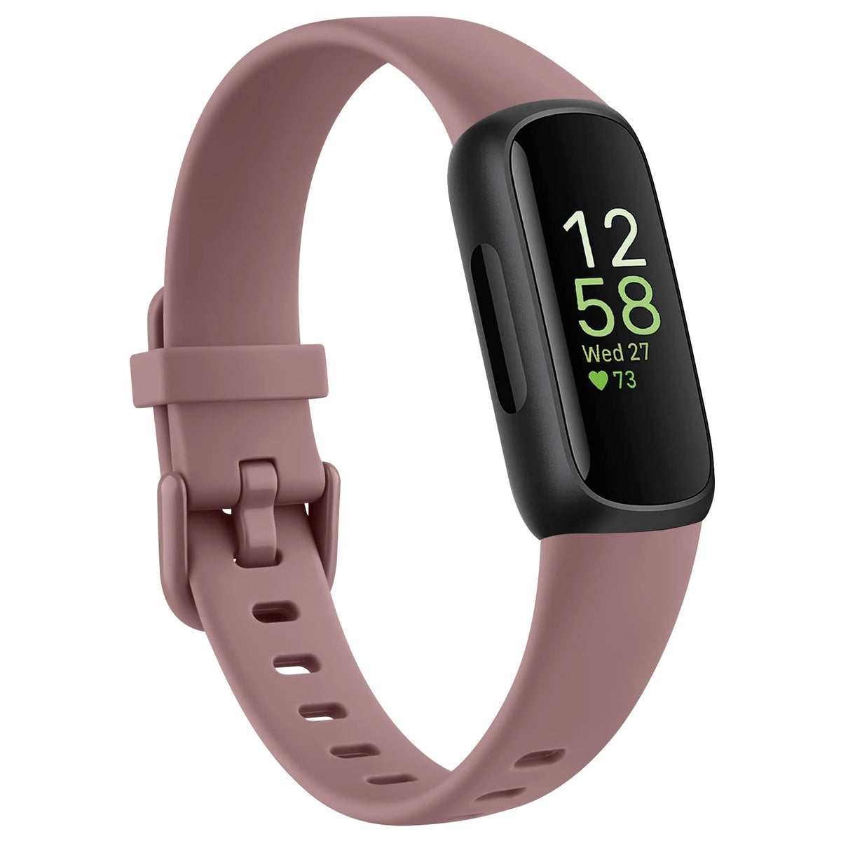 A pink silicone replacement strap for a Fitbit Inspire series watch displaying 12:58 and a heart rate of 73.