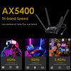 AX5400 Tri-band Wi-Fi 6E adapter showing three antennas and performance metrics for 6GHz, 5GHz, and 2.4GHz bands
