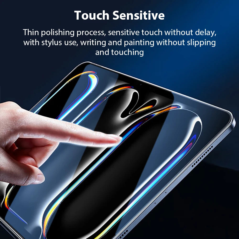 A hand touches a smartphone screen displaying colorful light effects and text, demonstrating touch sensitivity.