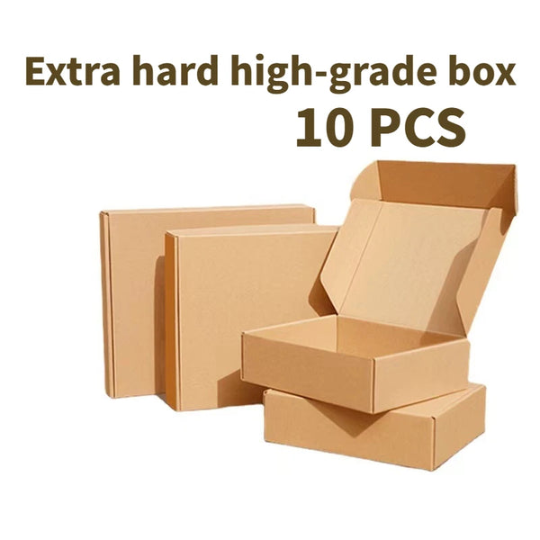 Ten brown kraft gift boxes stacked and laid out for sale