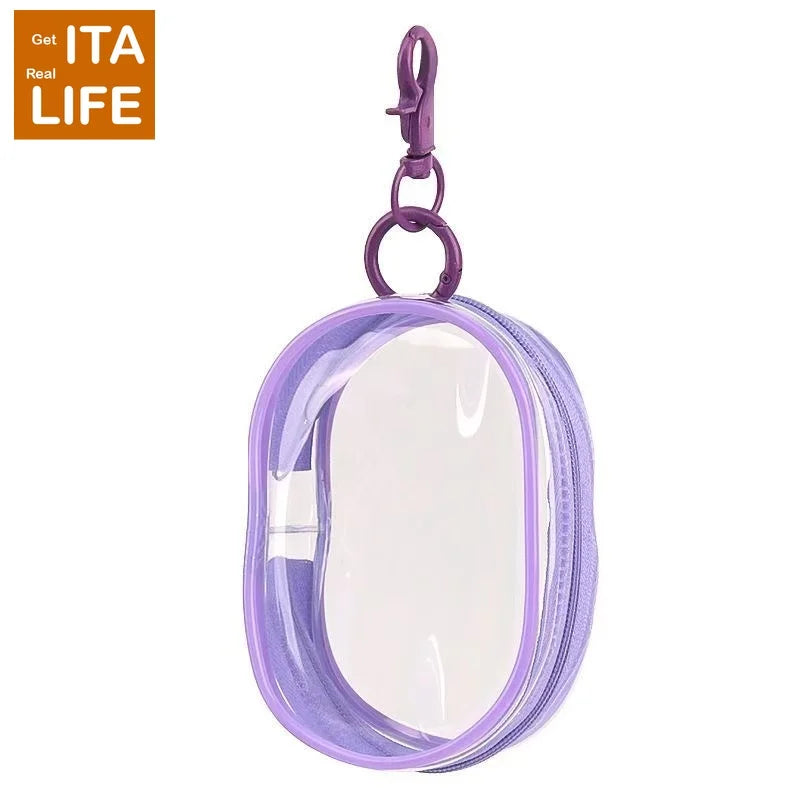 A clear purple mini bag with a purple keychain attached.