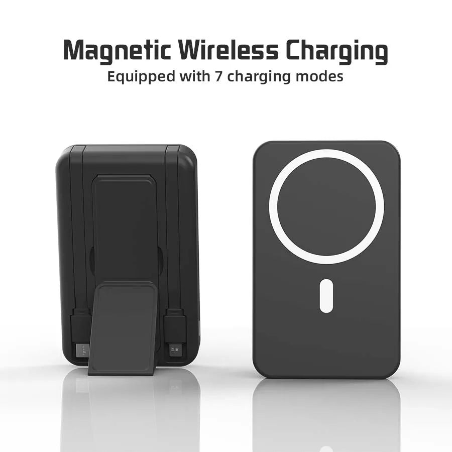 A black portable magnetic wireless charging power bank with a circular indicator light.
