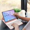 A person is using an iPad 10th Gen with a pink keyboard case and a detachable Bluetooth keyboard, writing on the screen.