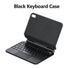 Estuche de teclado negro abierto, mostrando una distribución completa de teclado QWERTY.