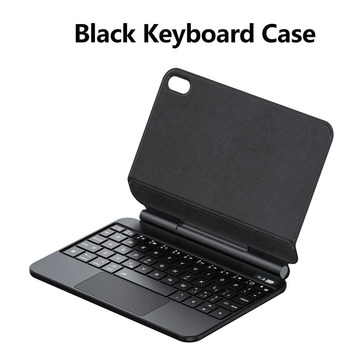 Estuche de teclado negro abierto, mostrando una distribución completa de teclado QWERTY.