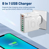 A white 8 in 1 USB charger is shown next to a smartphone displaying an 86% charge level.
