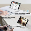 A tablet is shown connected to a keyboard, a mouse, and a game controller via adapters for data transfer.