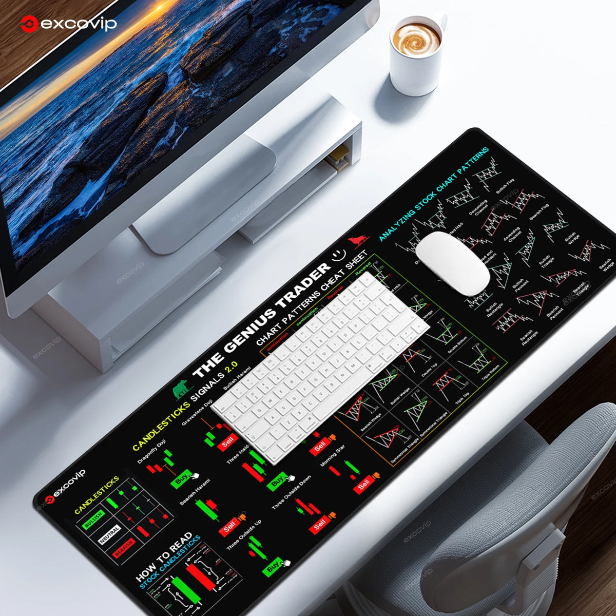 Eine schwarze Börsen-Chart-Mauspad mit gestickter Kante und eine weiße Tastatur auf einem Schreibtisch.