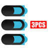 Three black privacy webcam covers with blue protective rings.