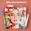 Un set de marcadores acrílicos Artimir con colores vibrantes y cobertura de tinta controlada en el rostro de una mujer.