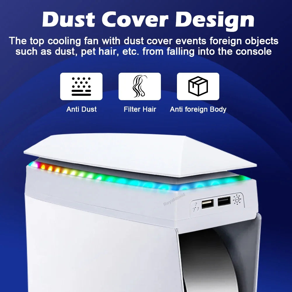 White RGB gaming cooler stand with a dust cover design and adjustable fan.