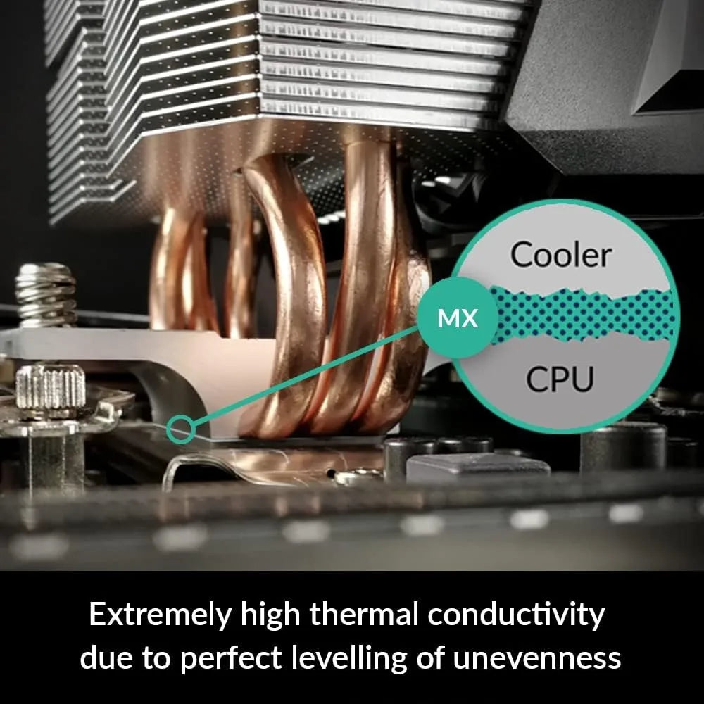 Close-up of a CPU cooler with copper heat pipes and thermal paste, highlighting high thermal conductivity.