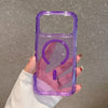 A hand holds a clear purple glitter shockproof magnetic case for an iPhone.