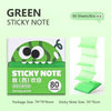 A box of green sticky notes featuring a cartoon fruit pear design and text.