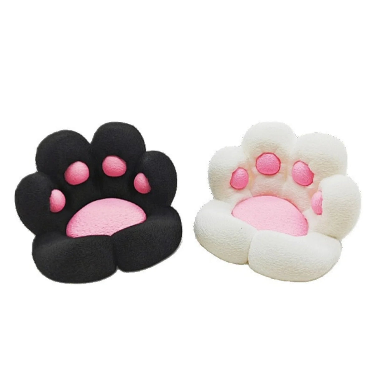 A pair of 3D printed cat paw phone stands, one black and one white, with pink accents.