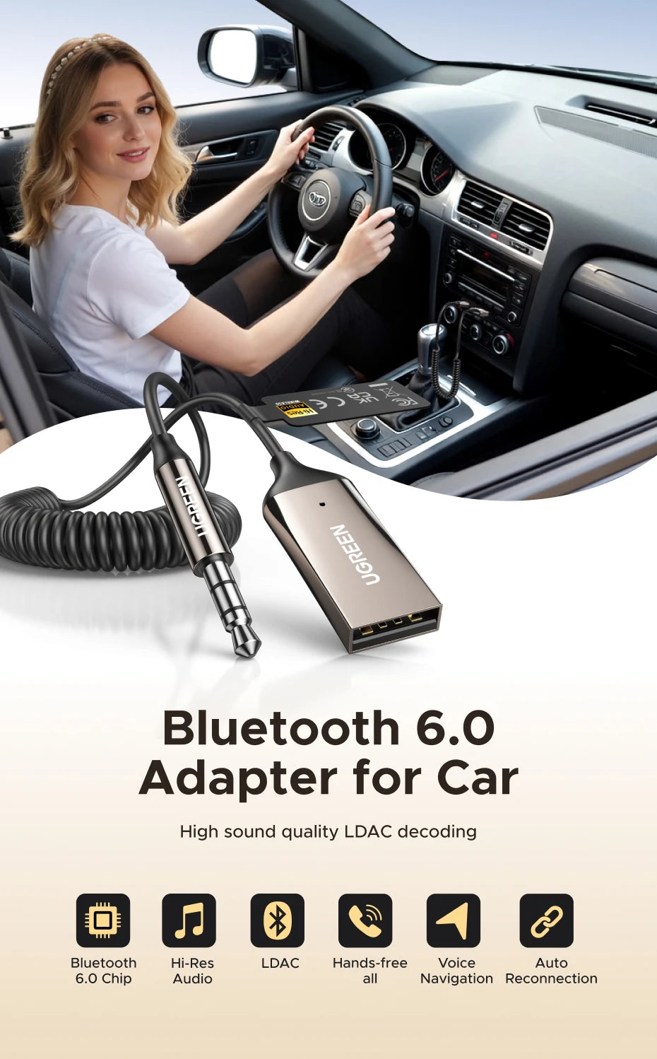 A portable Bluetooth 6.0 adapter for car audio is shown next to a car interior, highlighting features like LDAC decoding and 