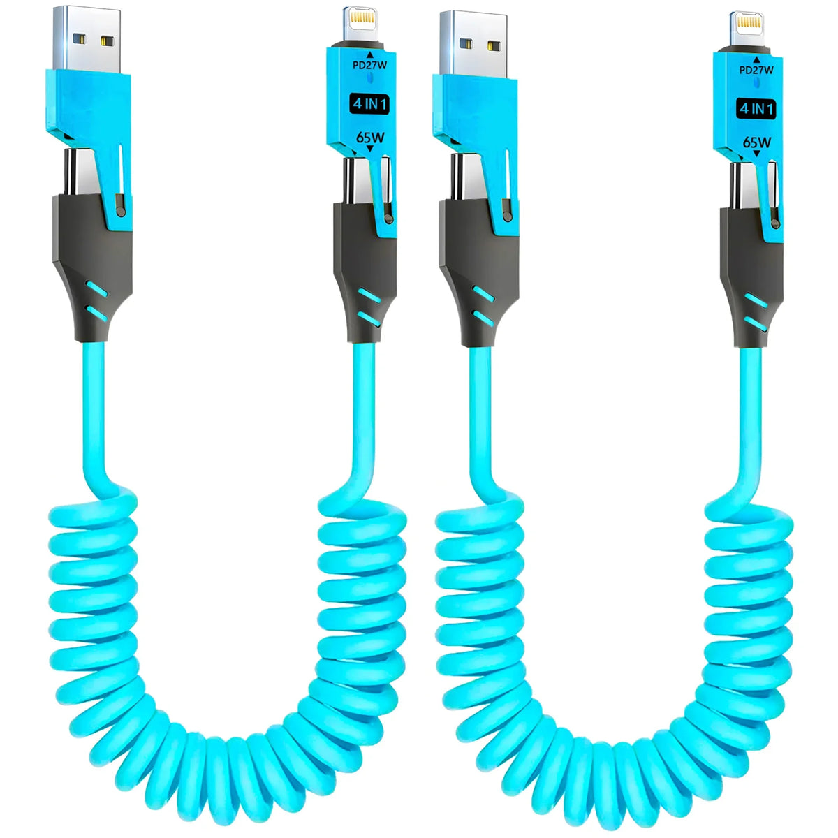 A blue retractable fast charging cable with a 4-in-1 65W USB-C adapter and black connectors.
