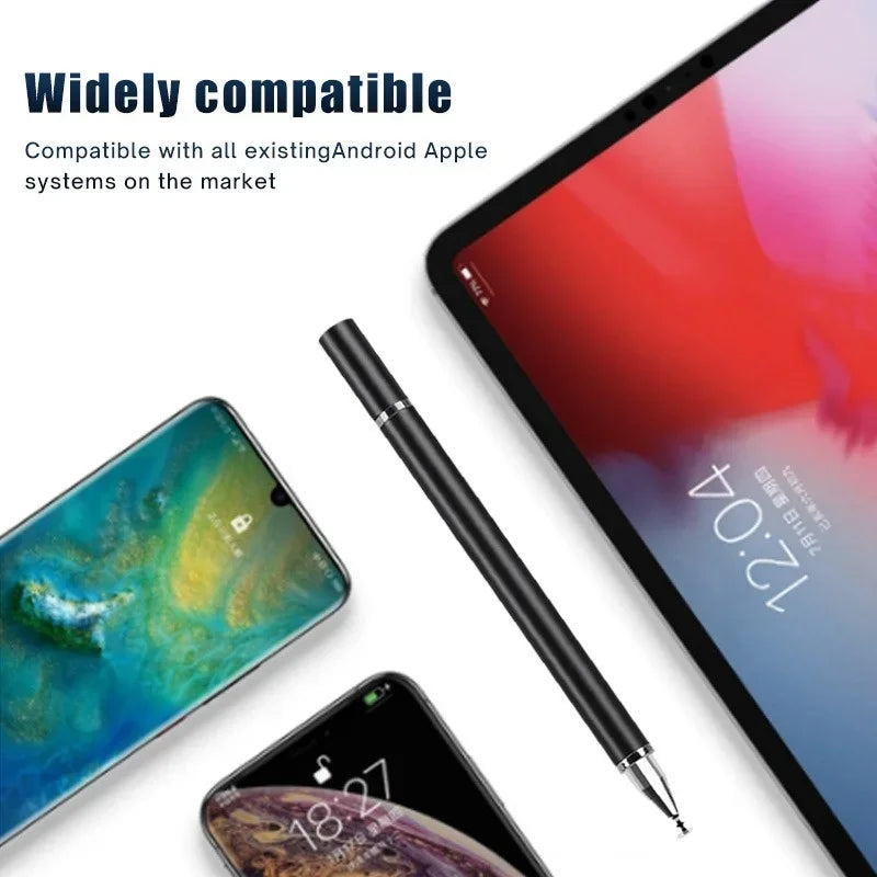 Ein schwarzer Präzisionszeichnerstift neben einem Apple iPad und einem Smartphone