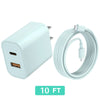 A light blue dual-port USB-C fast charging cable with a rectangular adapter and coiled wire.