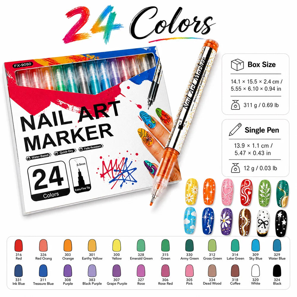 A set of 24 colored nail art marker pens with fine 0.5mm tips displayed in a box.