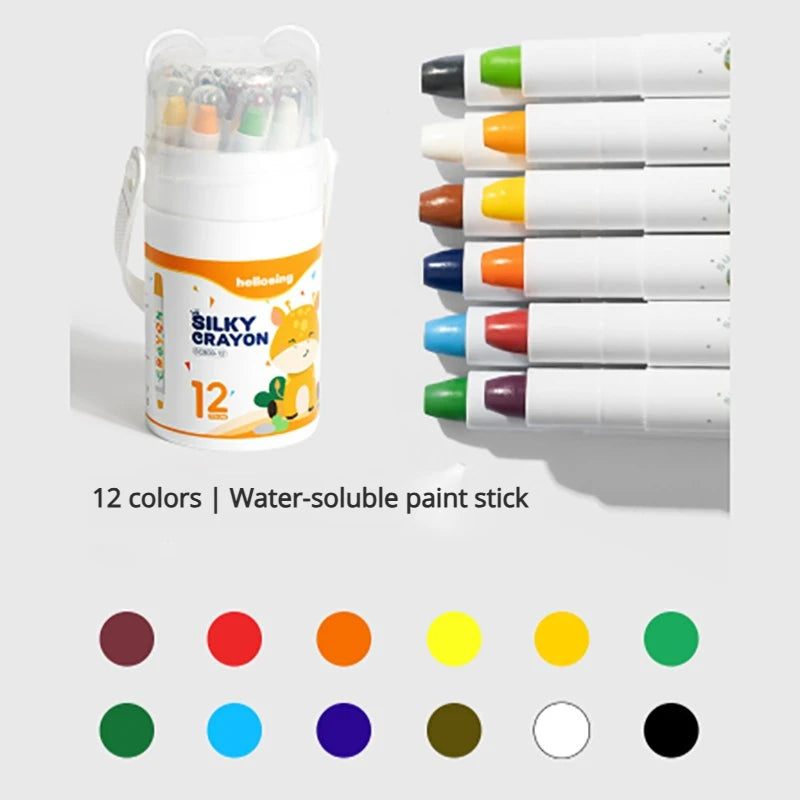 A set of 12 water-soluble paint sticks in various colors displayed in a clear plastic container.