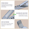 Close-up view of an adjustable aluminum laptop stand showing features like a stable buckle and silicone anti-slip strip.