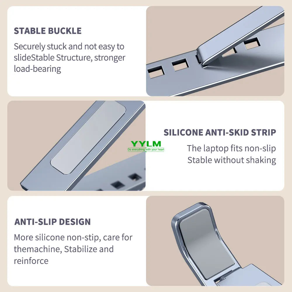 Close-up view of an adjustable aluminum laptop stand showing features like a stable buckle and silicone anti-slip strip.